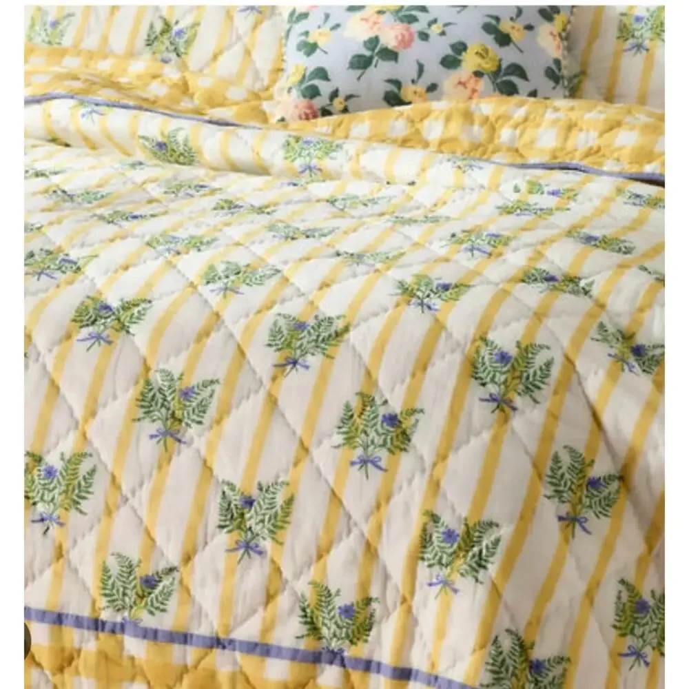 Anthropologie Iluka Cotton Printed Floral Quilt Queen Fern Gingham